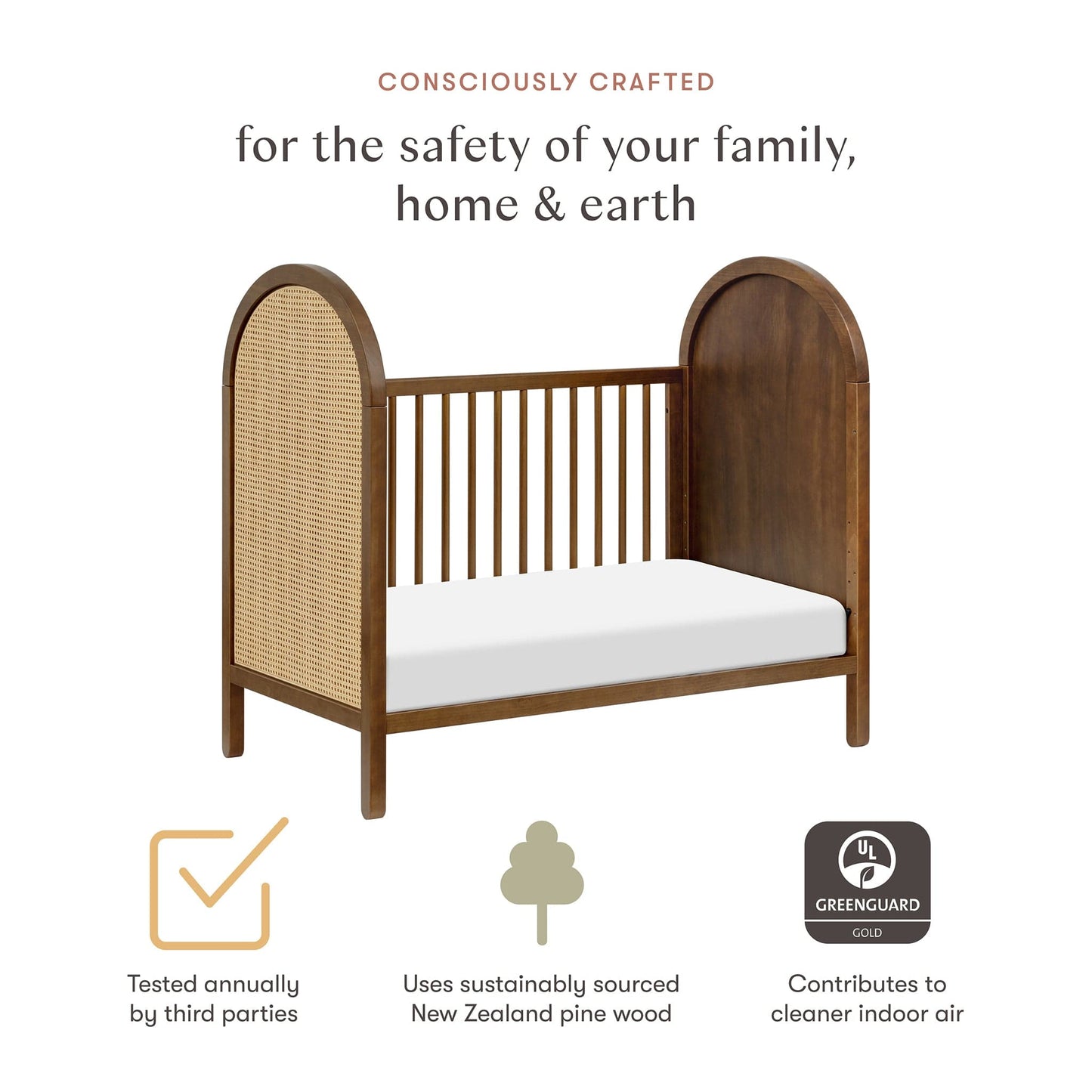 Babyletto Bondi Cane 3-in-1 Convertible Crib w/ Toddler Bed Conversion Kit - Natural Walnut / Natural Cane - M25601NLNC