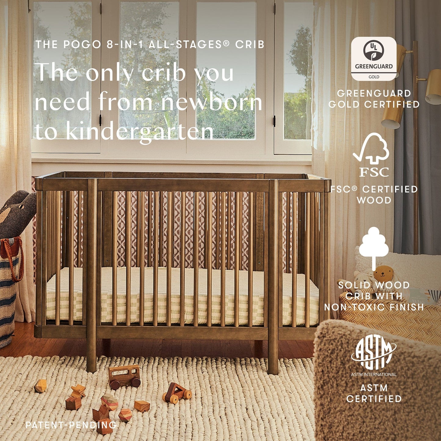 Babyletto Pogo 8-in-1 Convertible Crib w/All-Stages Conversion Kits - Natural Walnut - M29880NL