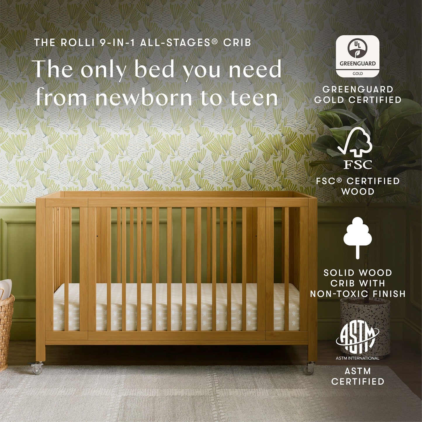 Babyletto Rolli 9-in-1 Convertible All-Stages Crib with Bassinet & Toddler Bed Conversion Kits - Honey - M30880HY