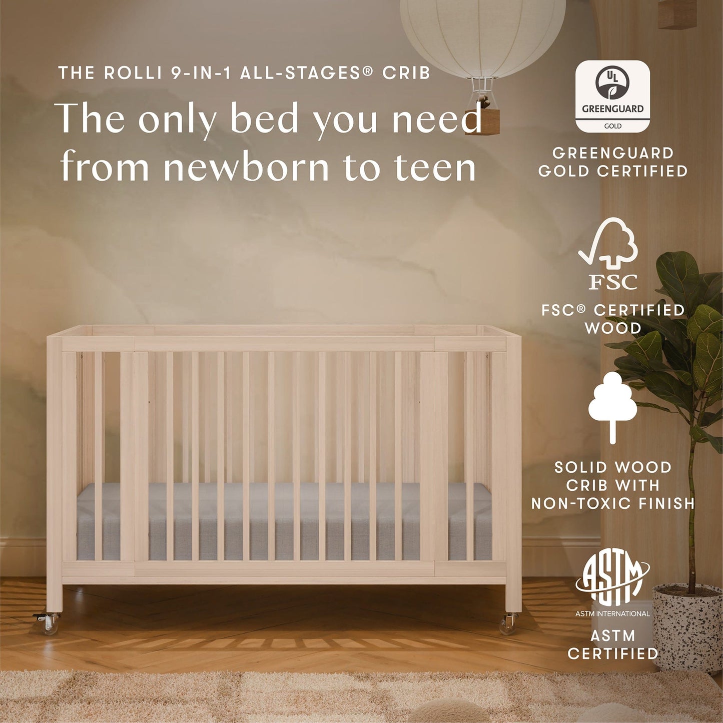 Babyletto Rolli 9-in-1 Convertible All-Stages Crib with Bassinet & Toddler Bed Conversion Kits - Washed Natural - M30880NX