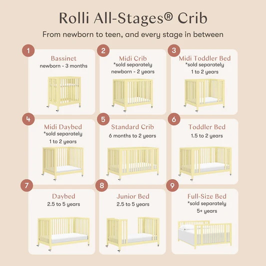 Babyletto Rolli 9-in-1 Convertible All-Stages Crib with Bassinet & Toddler Bed Conversion Kits - Pale Yellow - M30880PY