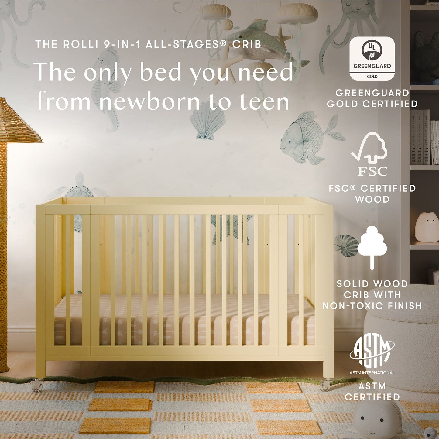 Babyletto Rolli 9-in-1 Convertible All-Stages Crib with Bassinet & Toddler Bed Conversion Kits - Pale Yellow - M30880PY