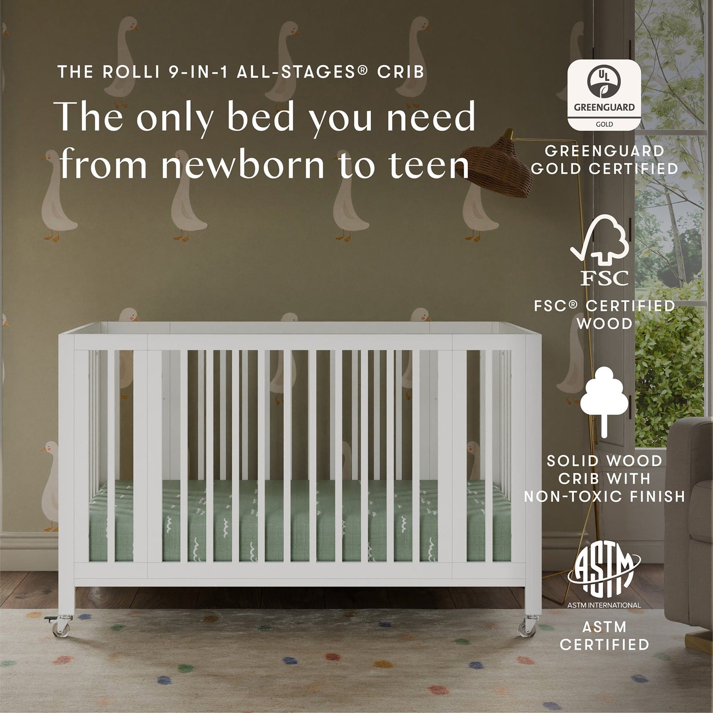 Babyletto Rolli 9-in-1 Convertible All-Stages Crib with Bassinet & Toddler Bed Conversion Kits - White - M30880W