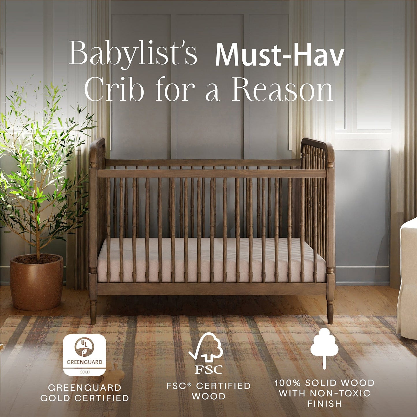 Namesake Liberty 3-in-1 Convertible Spindle Crib w/Toddler Bed Conversion Kit - Natural Walnut