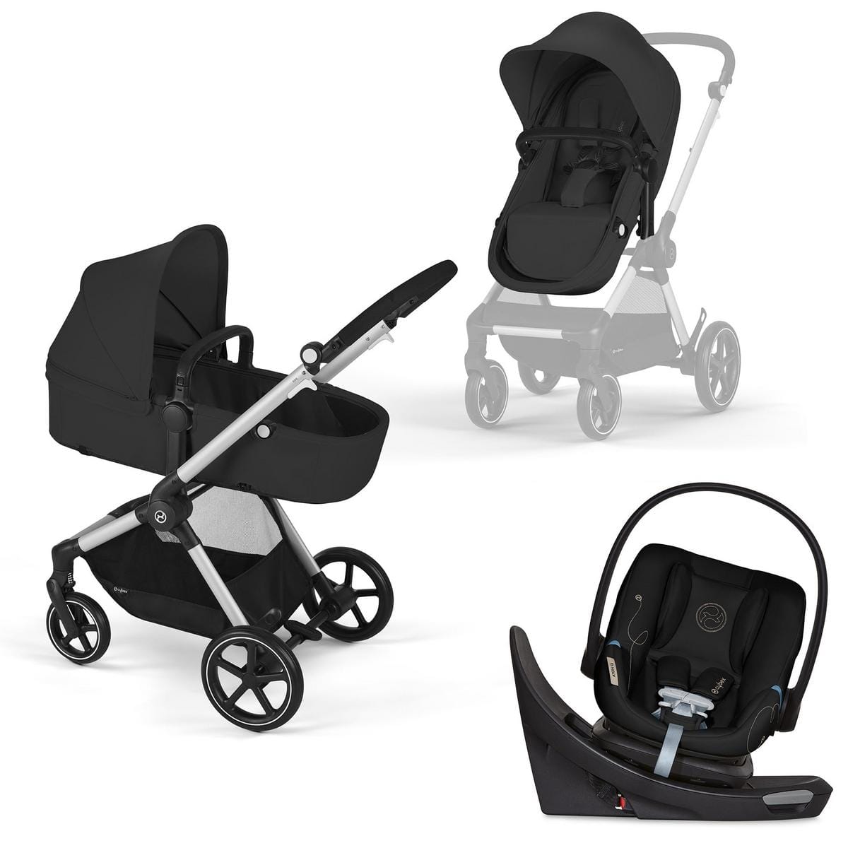 Cybex OPEN BOX EOS 5-in-1 Travel System Stroller + Lightweight Aton G Swivel with SensorSafe - Silver / Moon Black - 522005681-OB