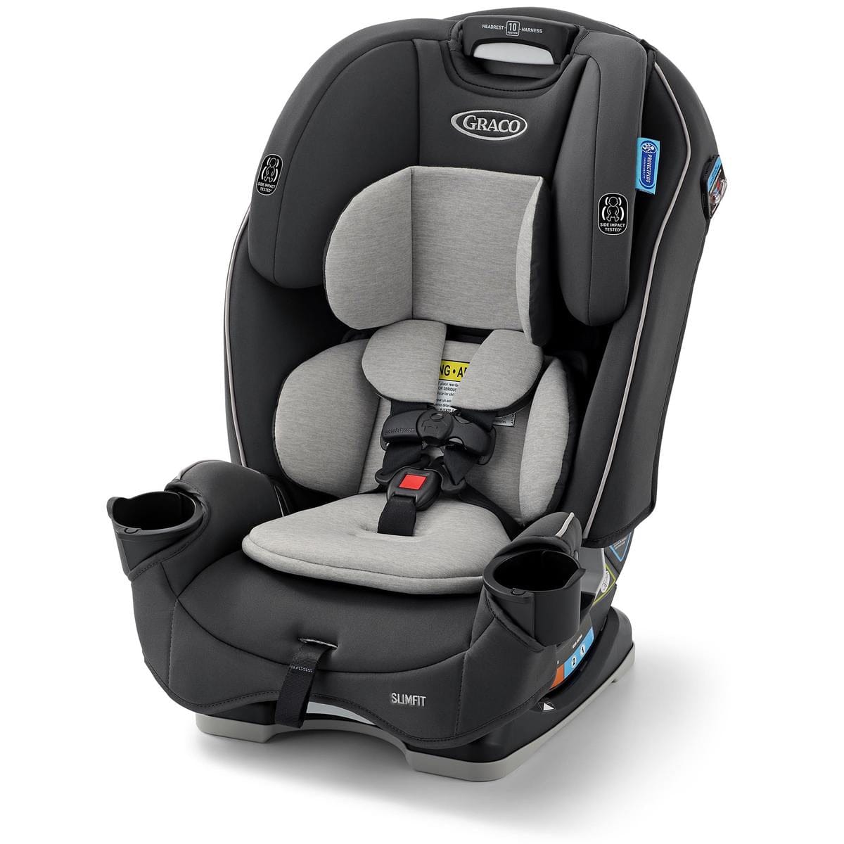 Black and gray slim-fit convertible car seat by Graco with side impact protection labels, integrated cup holders, and adjustable harness system, front view