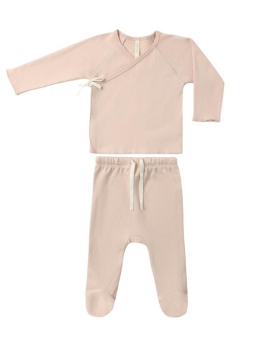 Light pink baby kimono top and footed pants set with white tie closure