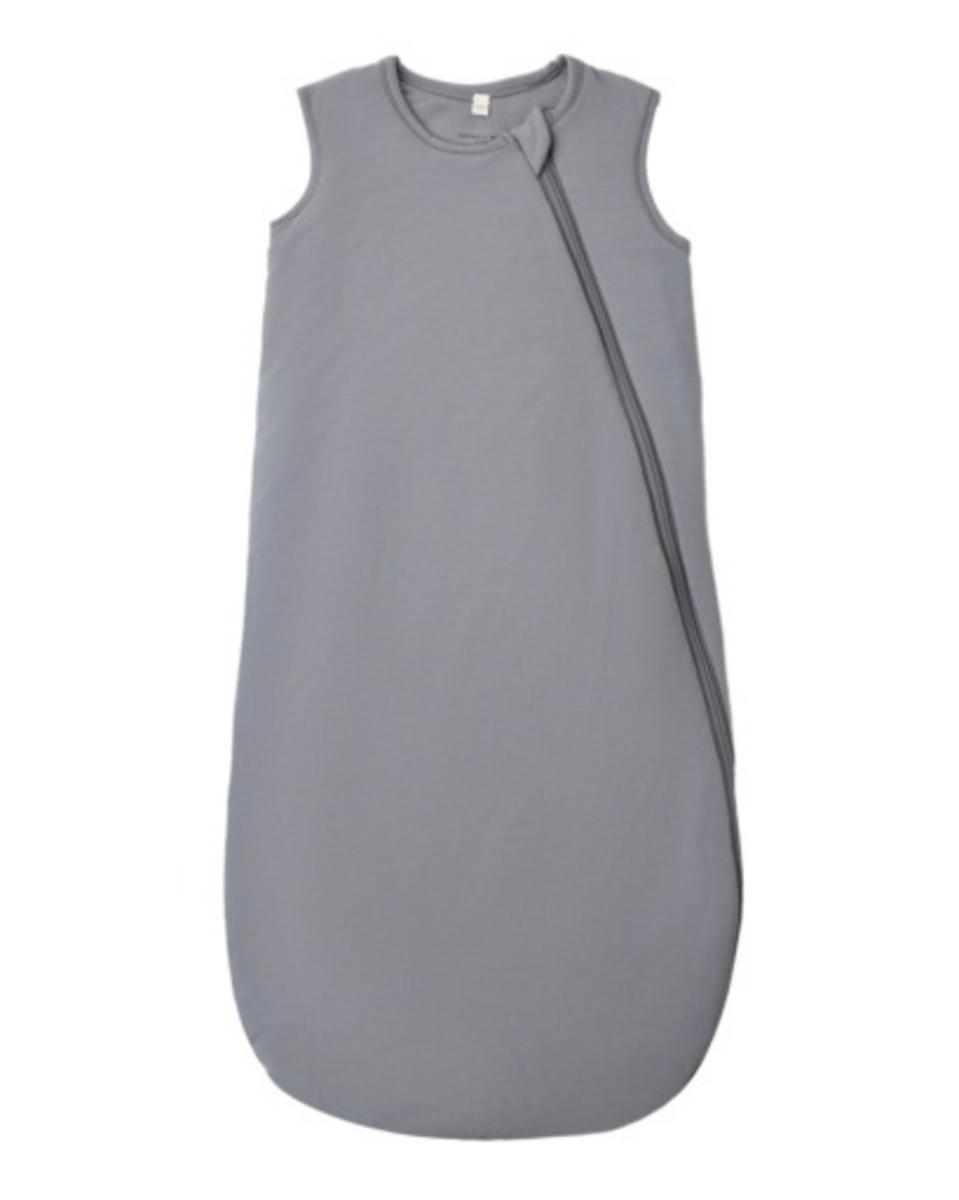 Grey sleeveless baby sleep sack with a diagonal zipper
