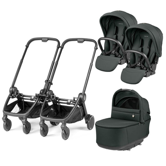 PEG City Loop Double Stroller + Pop Up Bassinet With Stand Bundle - Black / Metal / Metal - CLP-DBL-BAS-METAL