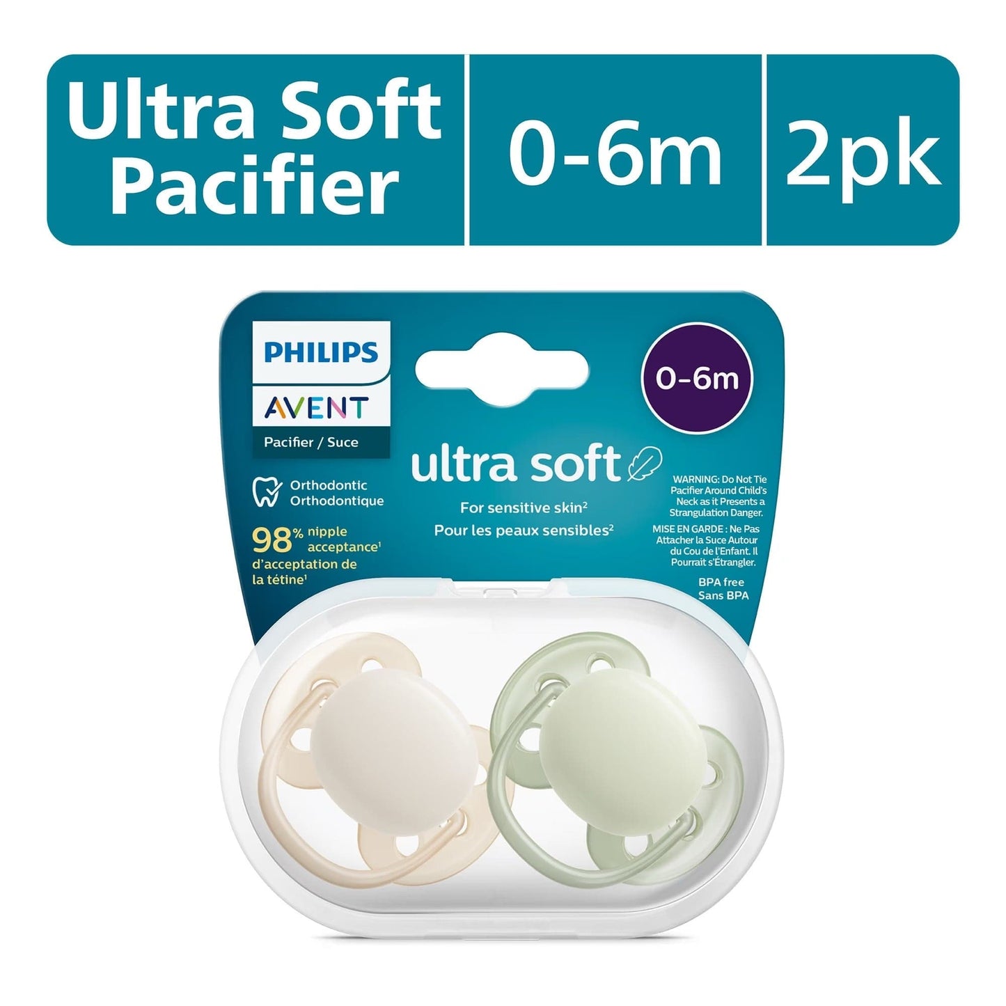 Avent Ultra Soft Pacifier 0-6m, Sand / Pastel Warm Green, 2 pack - SCF091-05