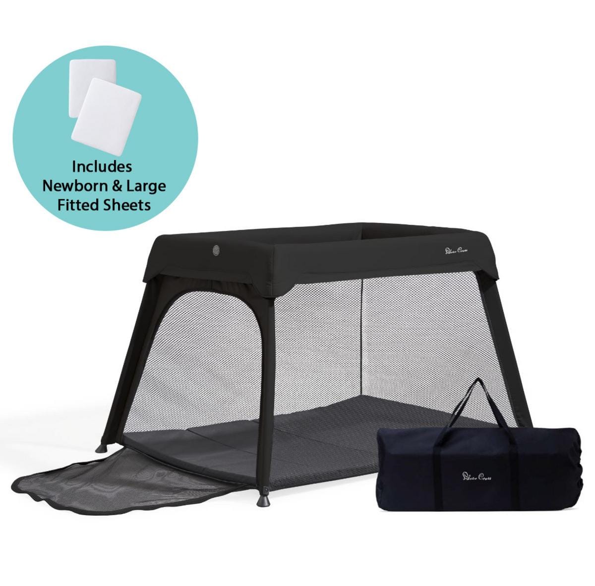 Silver Cross Sleep & Go Travel Crib + Newborn / Large Fitted Sheet Bundle - Carbon / White - SX8179-CBUS-SX1502-00-SX1501-00