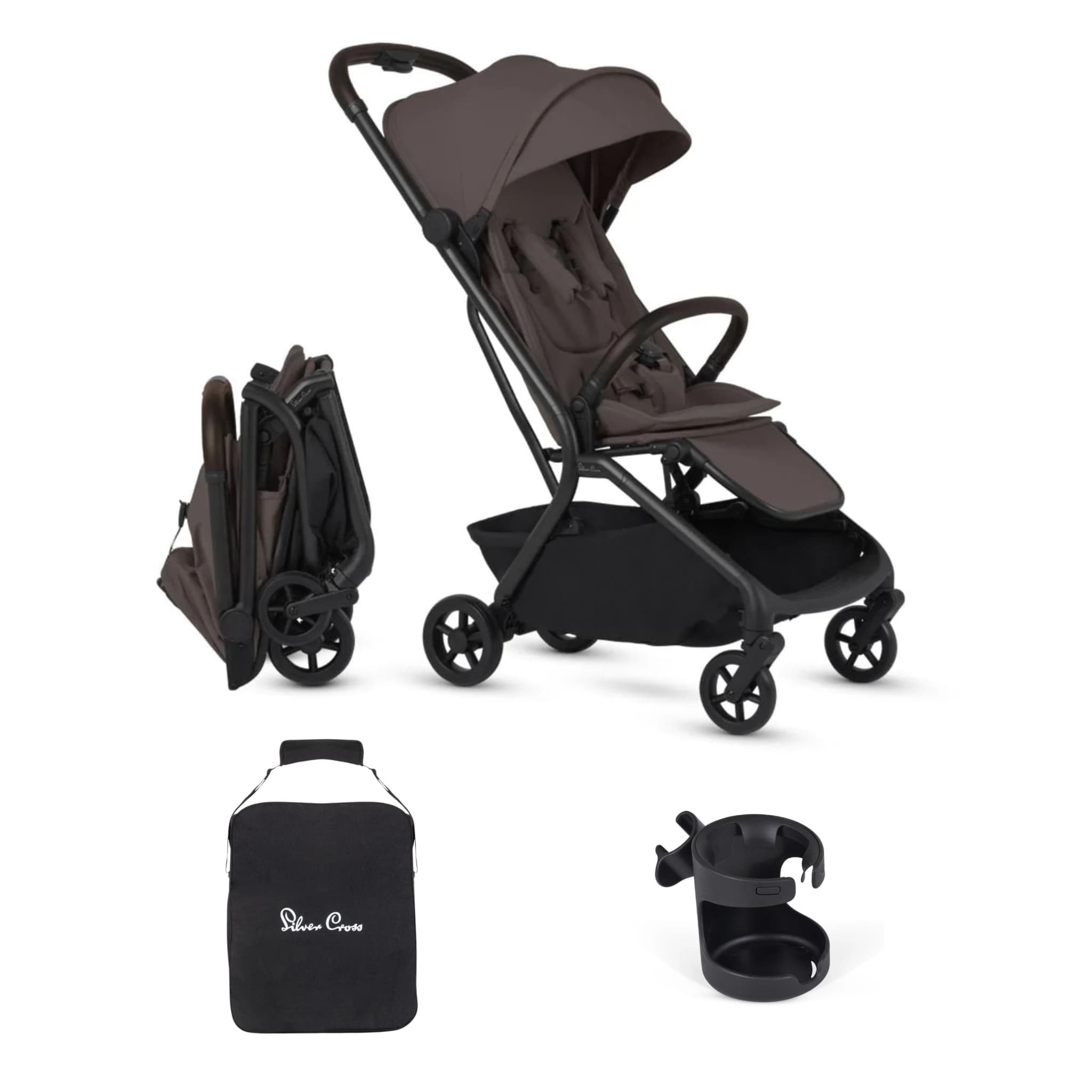 Silver Cross Nia Compact Stroller + Folding Bassinet Bundle Chocolate
