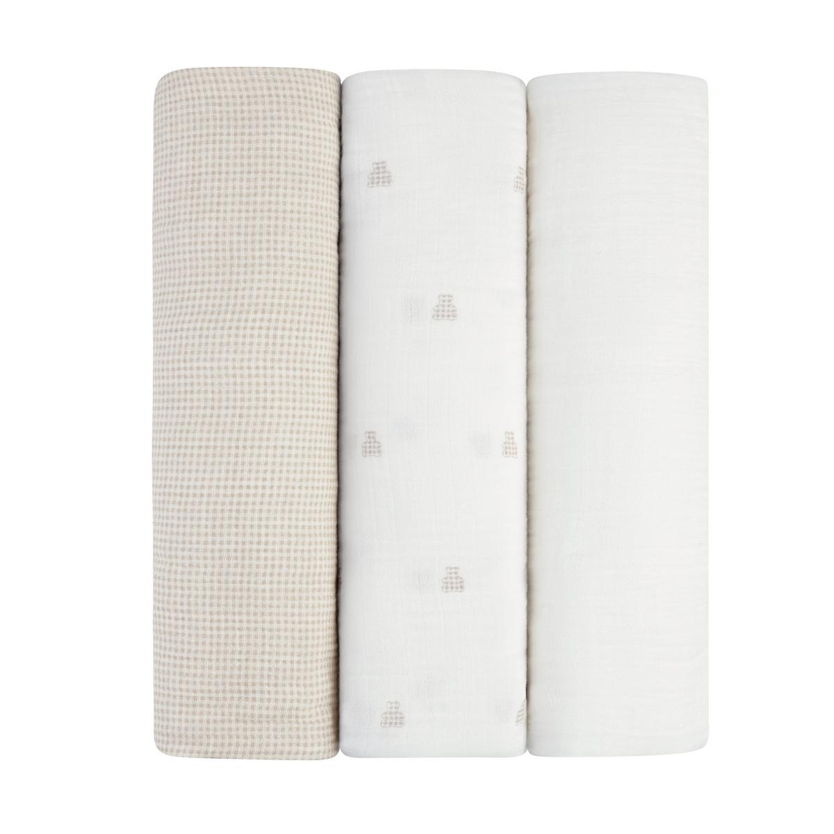 Ely's & Co. 3 Pack Muslin Swaddles - Gingham Bear Collection - Tan