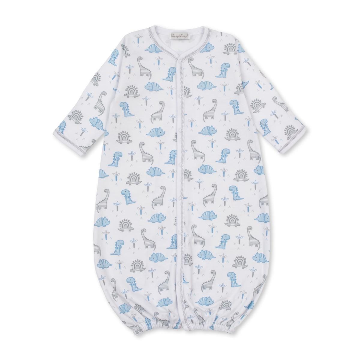 Kissy Kissy white baby gown with blue and grey dinosaur print