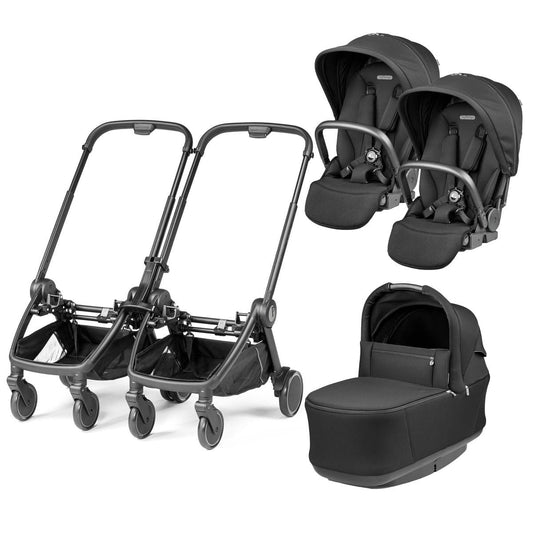 PEG City Loop Double Stroller + Pop Up Bassinet With Stand Bundle - Black / True Black / True Black - CLP-DBL-BAS-TRBLK