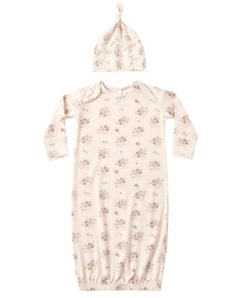 Quincy Mae Bamboo Baby Gown + Hat Set Floral Bouquet - Ecru
