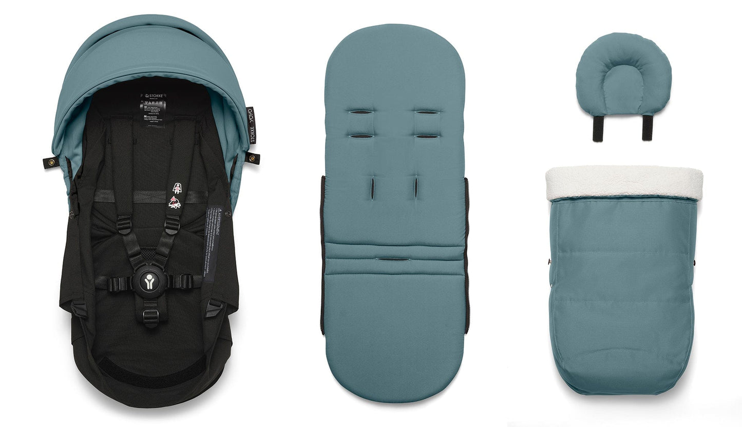Stokke YOYO3 Ultra Compact Complete 0+/6+ Stroller Bundle - Black / Aqua - 653600-647909