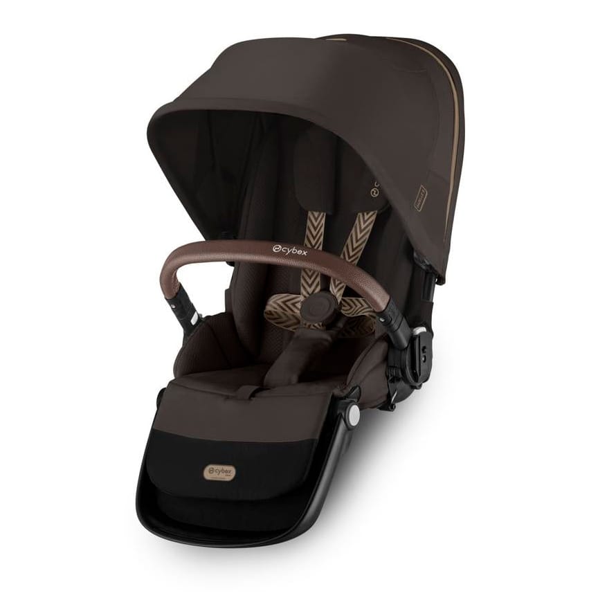 Cybex brown stroller seat unit with patterned harness and leather look bumper bar