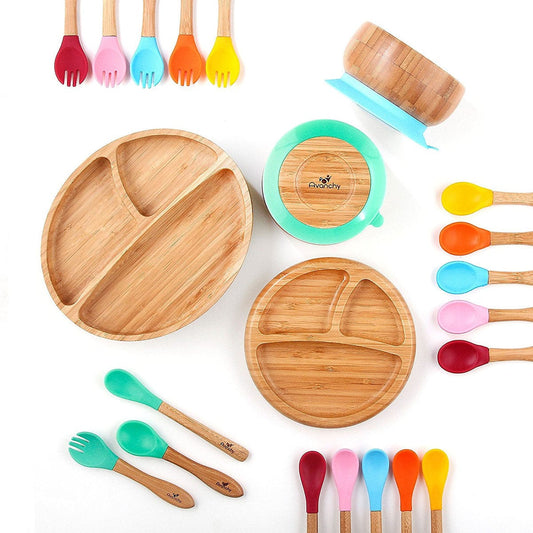 Avanchy Bamboo Suction Toddler Divided Plate + Spoon - Magenta - 731236358053