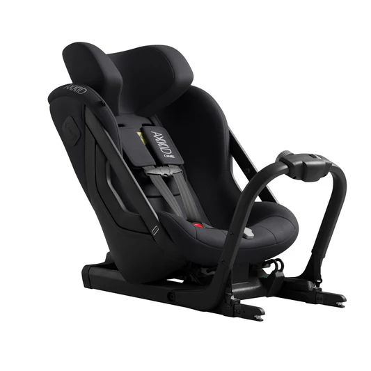 Black rear-facing car seat by Axkid with Coastal Storm upholstery, side view showing harness system and adjustable headrest