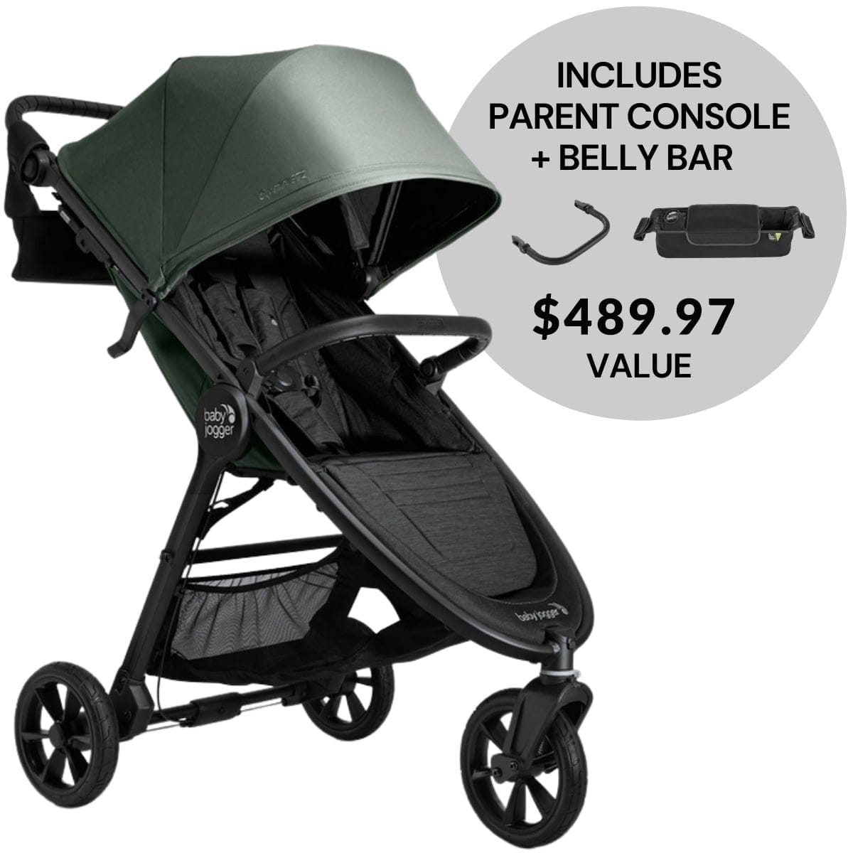 Baby Jogger OPEN BOX City Mini GT2 Single Stroller + Parent Console + Belly Bar - Briar Green