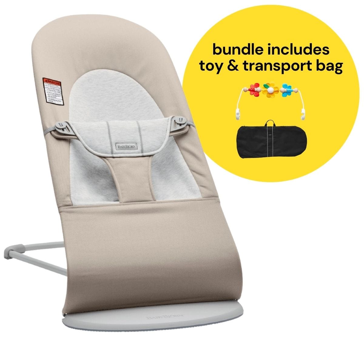 BabyBjorn Bouncer + Flying Friends Toy Bar + Transport Bag Bundle - Balance Soft, Cotton / Jersey Beige / Grey - 005383US-080099US-750251US