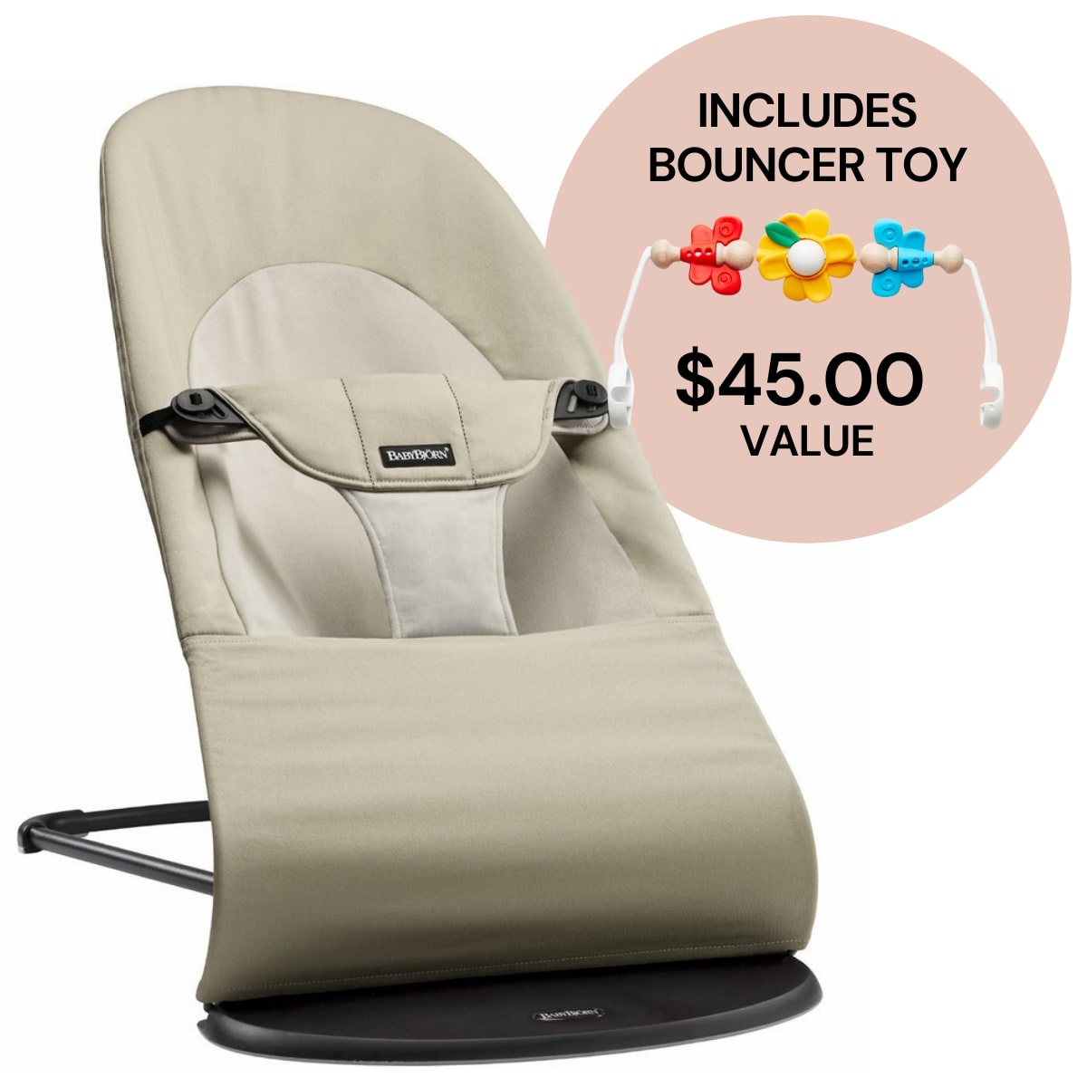 BabyBjorn Bouncer + Toy Bundle - Balance Soft (Cotton) Khaki / Beige / Flying Friends