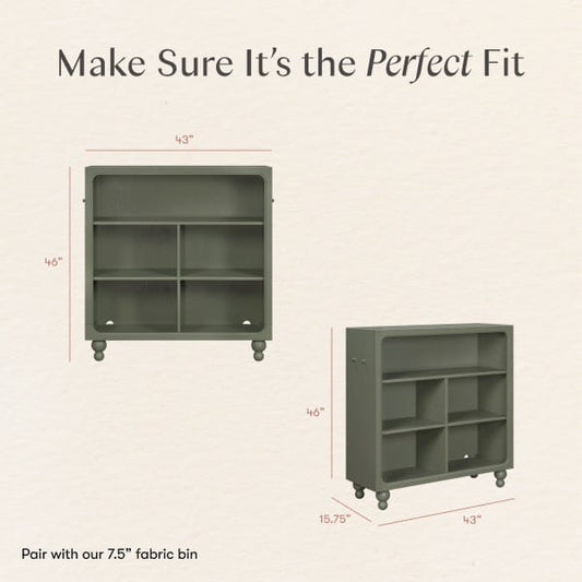 Babyletto olive green wooden bookcase with four open storage compartments and rounded feet