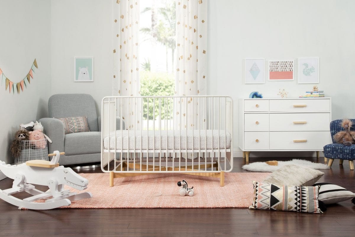 Babyletto Bixby Metal Crib with Toddler Bed Conversion Kit - Warm White / Walnut Stain