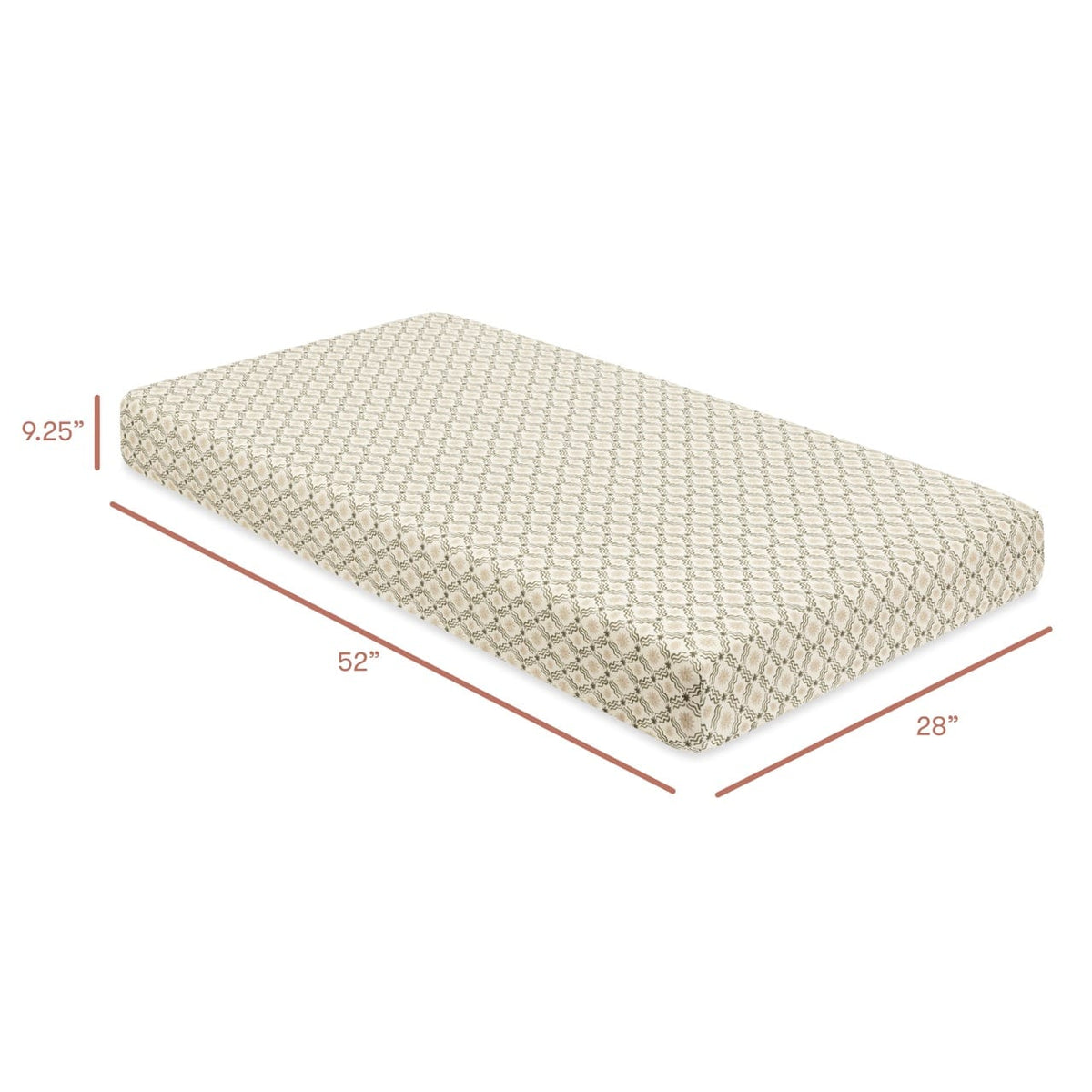 Babyletto crib mattress with dimensions 52 inches long 28 inches wide and 9.25 inches thick