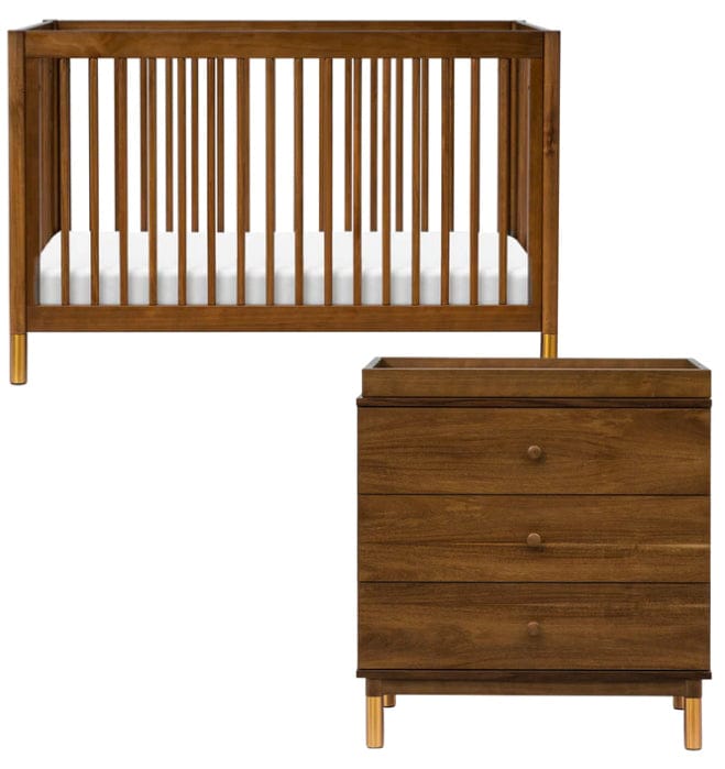 Babyletto Gelato 4-in-1 Convertible Crib + 3-Drawer Changer Dresser Bundle - Natural Walnut & Gold Feet - M12901NLGLD-M12923NLGLD