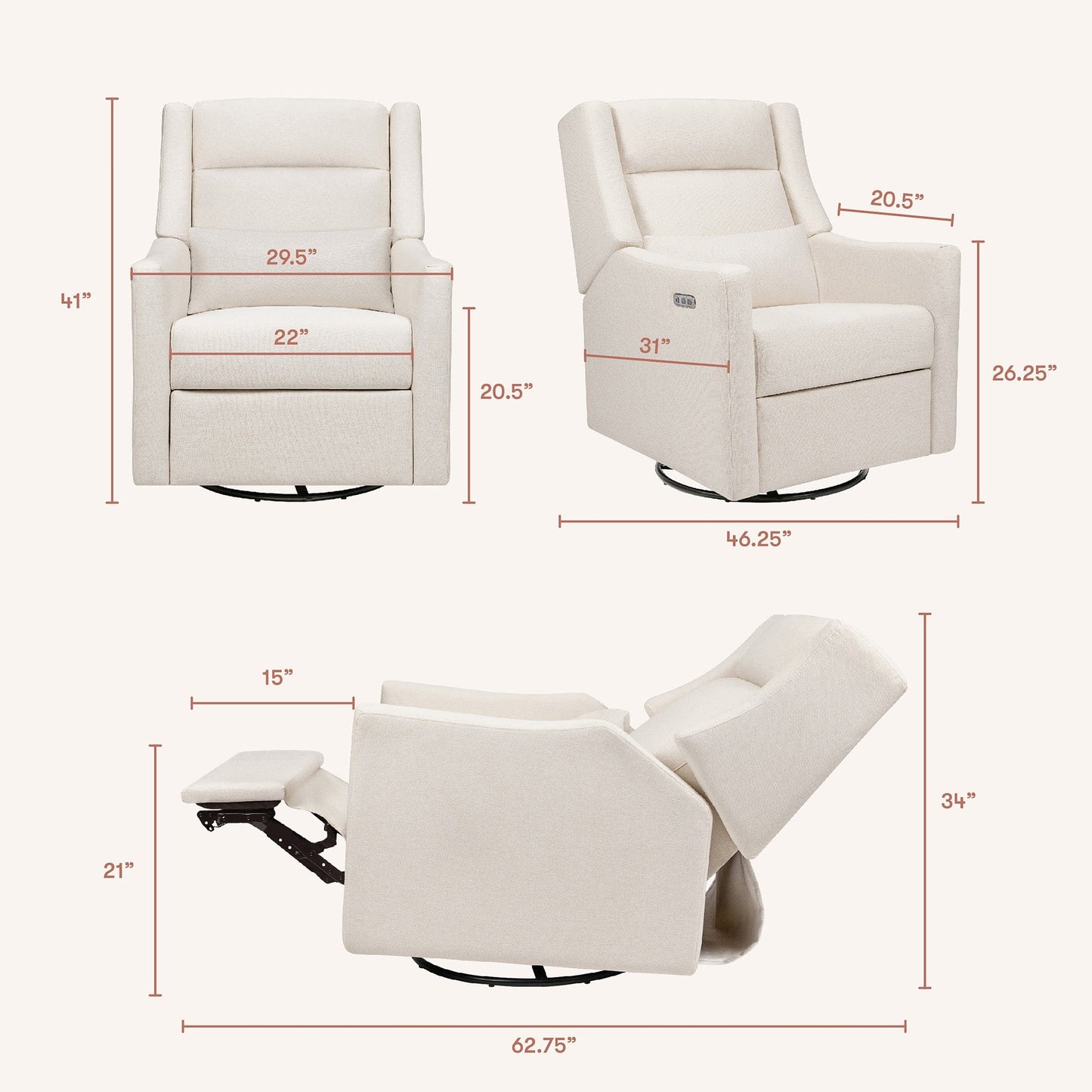 Babyletto Kiwi Plus Electric Recliner Swivel Glider w/ Adjustable Headrest + USB Port - Performance Cream Eco-Weave - M11286PCMEW