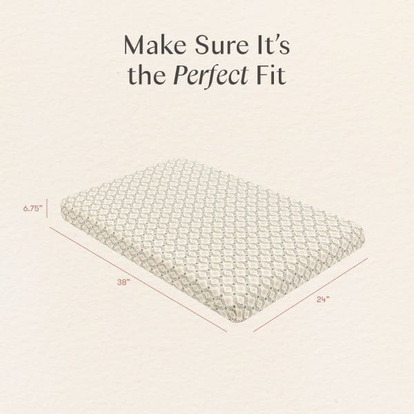 Babyletto mattress dimensions diagram showing 38 inch length 24 inch width and 6.75 inch height
