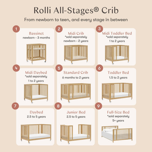 Babyletto Rolli 9-in-1 Convertible All-Stages Crib with Bassinet & Toddler Bed Conversion Kits - Honey - M30880HY