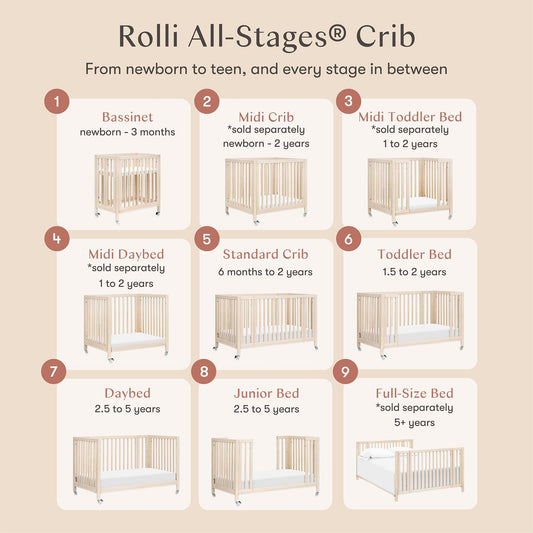 Babyletto Rolli 9-in-1 Convertible All-Stages Crib with Bassinet & Toddler Bed Conversion Kits - Washed Natural - M30880NX