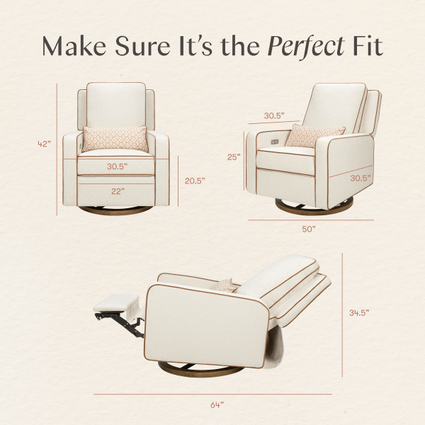 Babyletto recliner dimensions diagram showing front side and reclined views with measurements