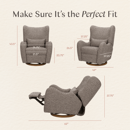 Babyletto textured brown swivel glider chair with lumbar pillow on a circular wooden base