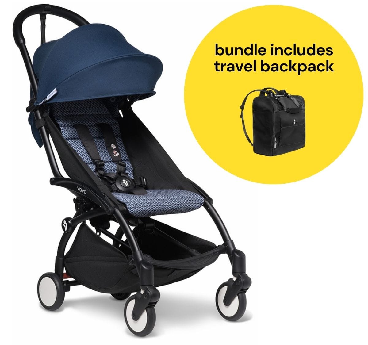 Babyzen YOYO2 Ultra Compact 6+ Stroller + Travel Backpack Bundle - Black / Air France Blue - 624700-596701
