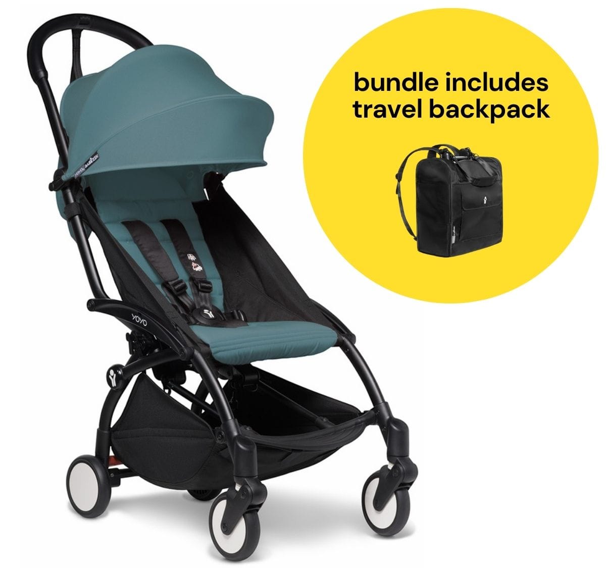 Babyzen YOYO2 Ultra Compact 6+ Stroller + Travel Backpack Bundle - Black / Aqua - 624300-596701