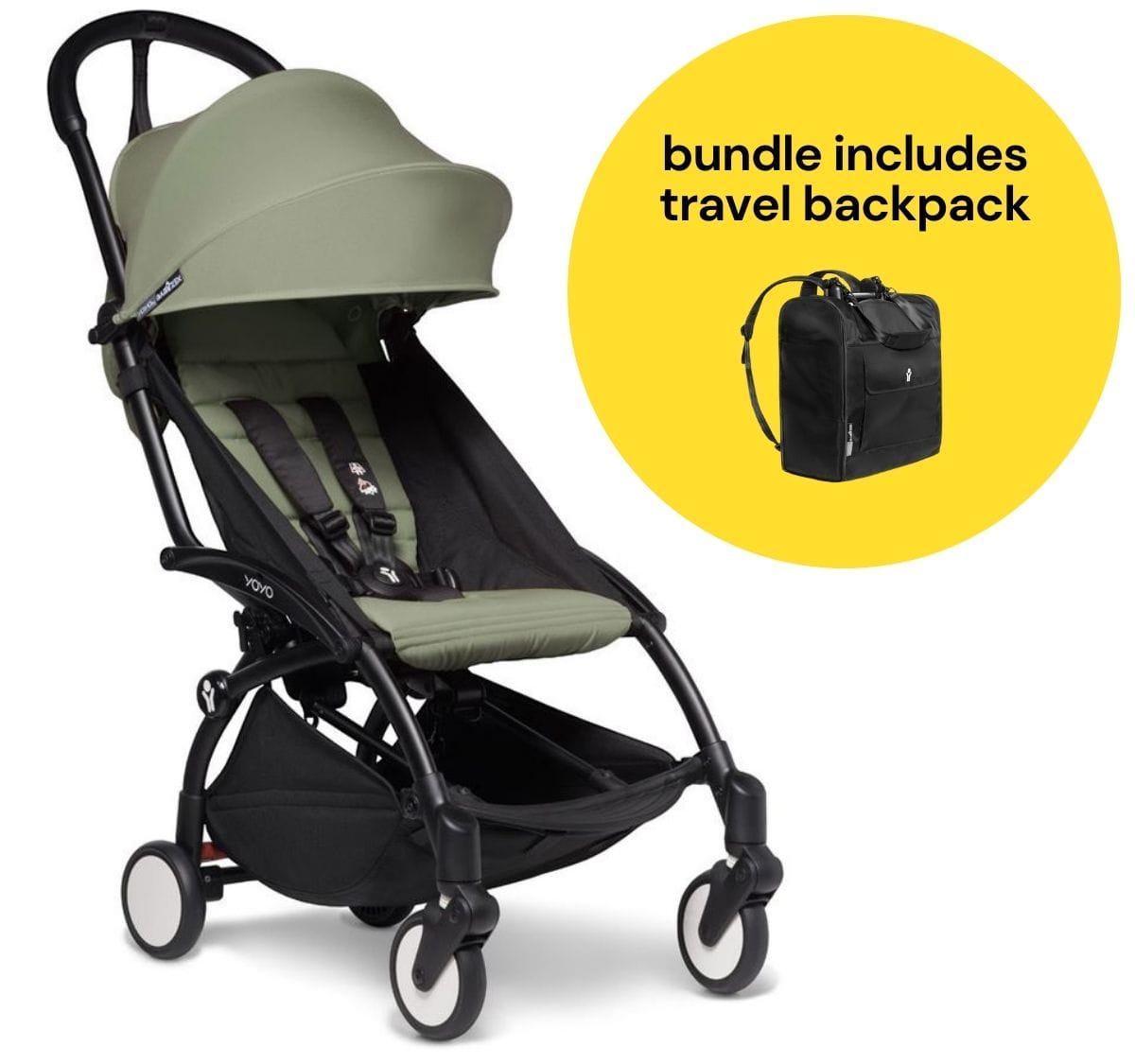 Babyzen YOYO2 Ultra Compact 6+ Stroller + Travel Backpack Bundle - Black / Olive - 624500-596701