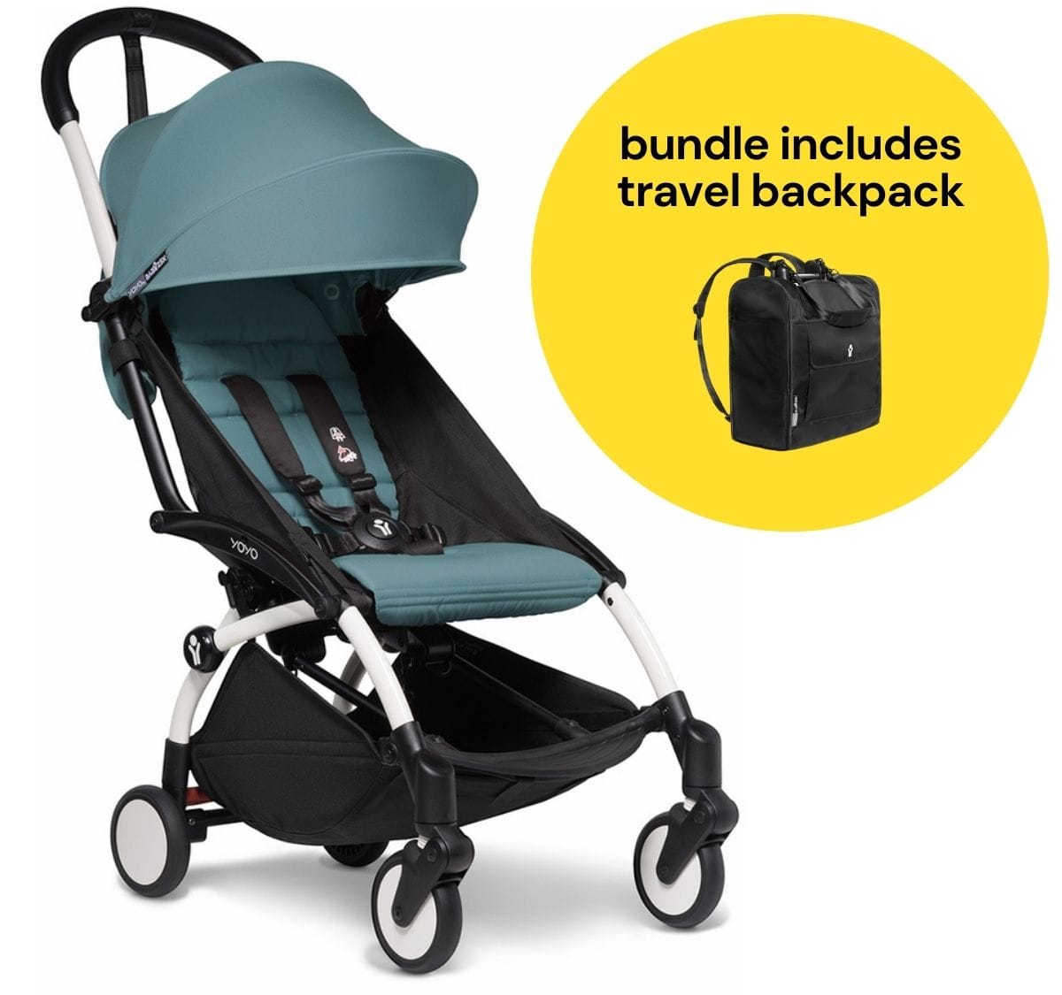 Babyzen YOYO2 Ultra Compact 6+ Stroller + Travel Backpack Bundle - White / Aqua - 625300-596701