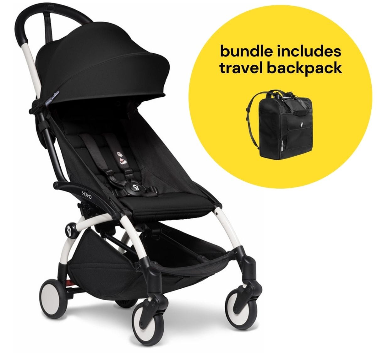 Babyzen YOYO2 Ultra Compact 6+ Stroller + Travel Backpack Bundle - White / Black - 625000-596701
