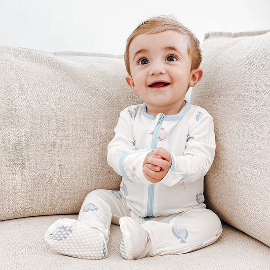 Bamboo Little Zippered Footie - Blue Fish (6-9m) - FOO-69-FISB-W