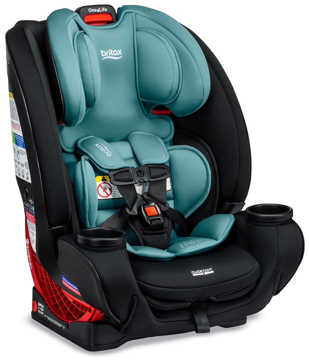 Teal and black all-in-one convertible car seat by Britax, featuring ClickTight harness, cup holders, and red safety indicator, front view.