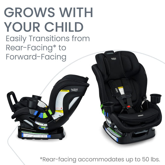Black Britax Poplar S narrow convertible car seat with white stitching, cup holders, and ClickTight harness system, front view