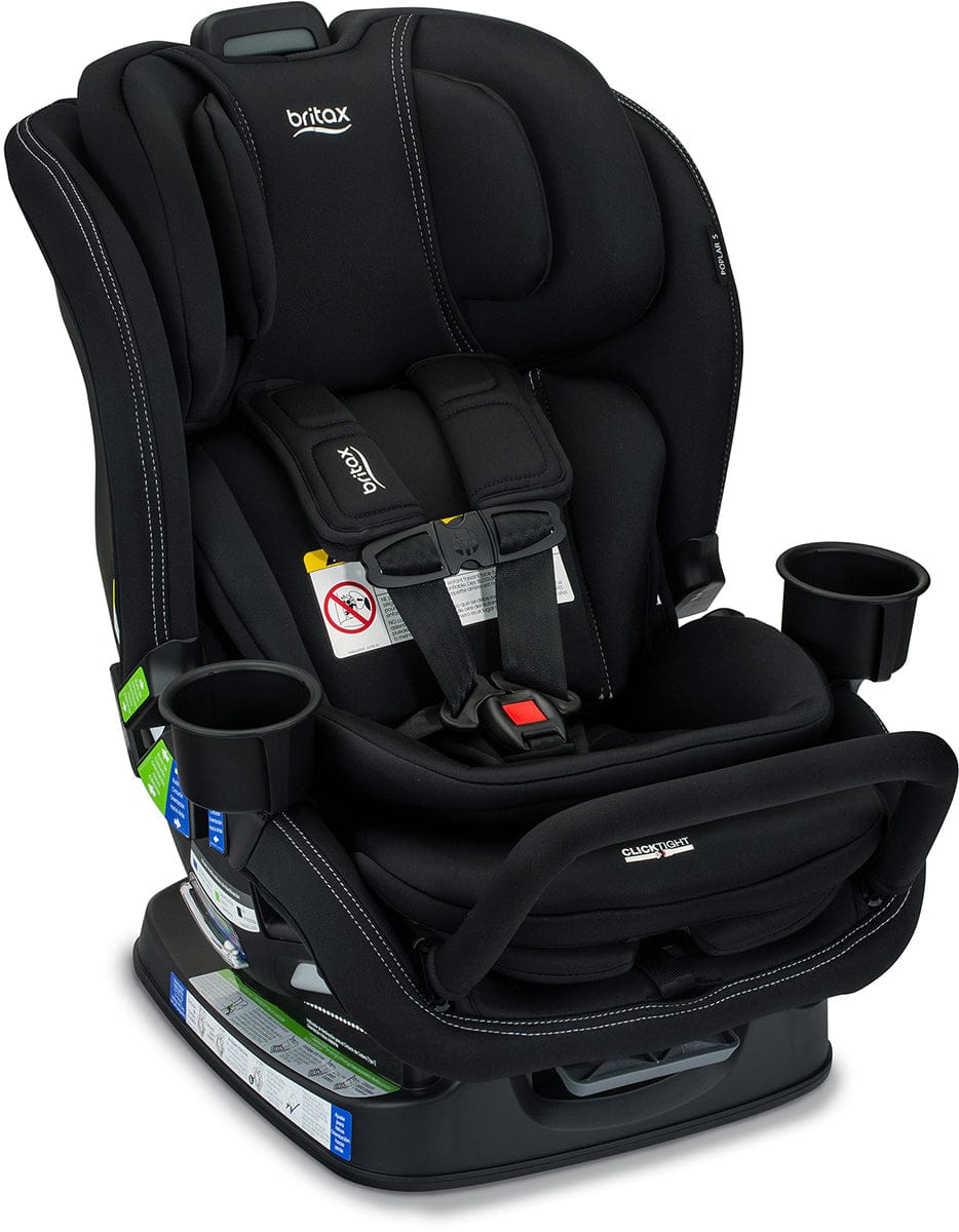 Black Britax Poplar S narrow convertible car seat with white stitching, cup holders, and ClickTight harness system, front view