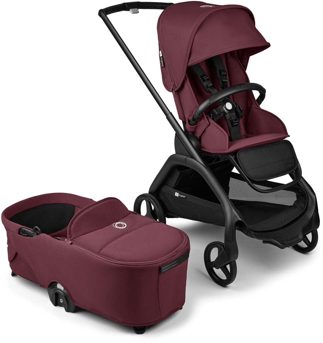 Black and dark cherry lightweight compact stroller with matching bassinet by Bugaboo, featuring canopy, five-point harness, and mesh storage basket, shown in studio view.