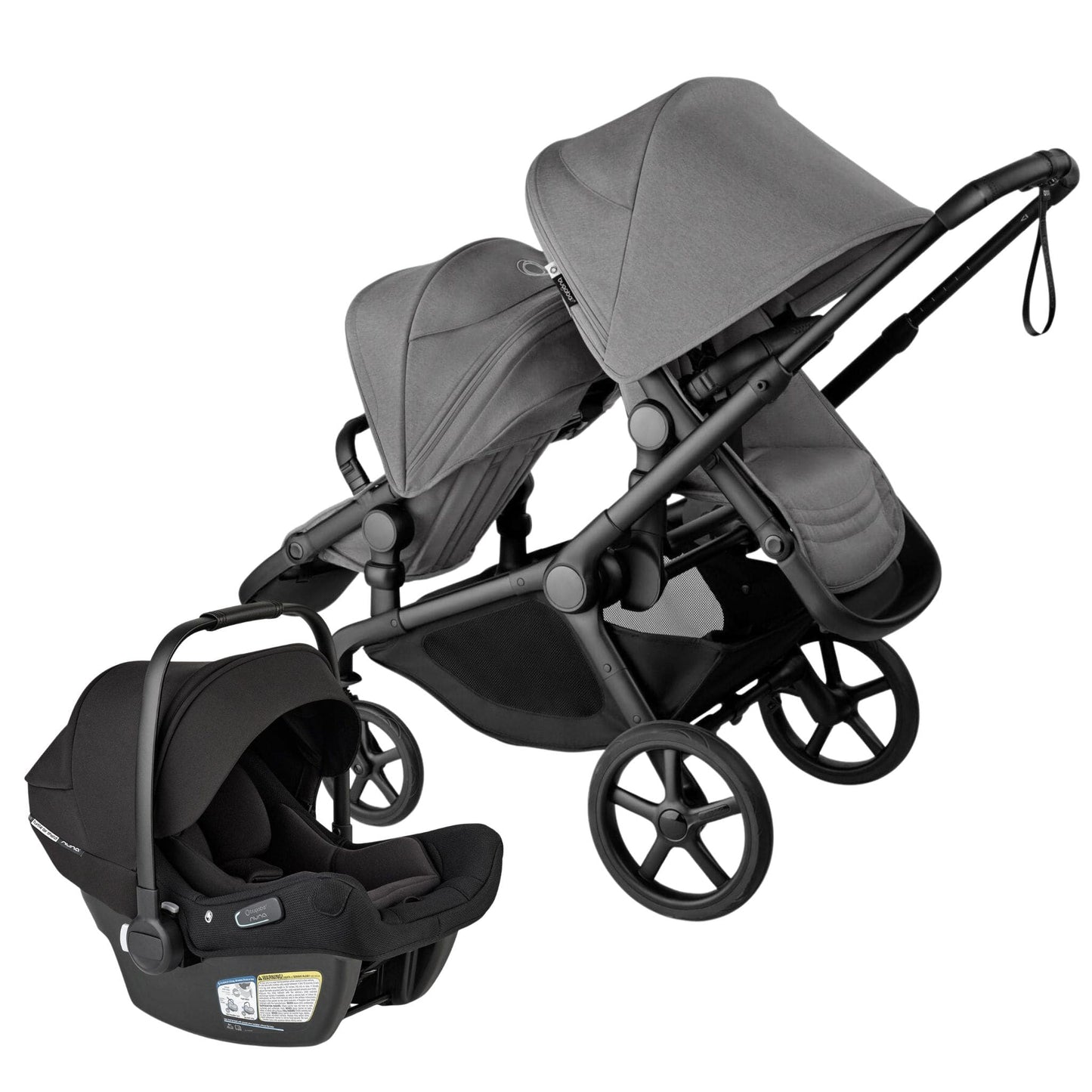 Bugaboo Kangaroo Double Seat Stroller + Turtle Air Sheild by Nuna Travel System Bundle - Black / Moon Grey / Moon Grey - 100506002-100281023-400016001TS