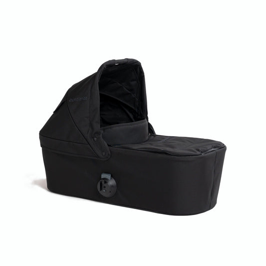 Black Bumbleride bassinet with canopy and side view, featuring a padded interior and secure attachment mechanism.