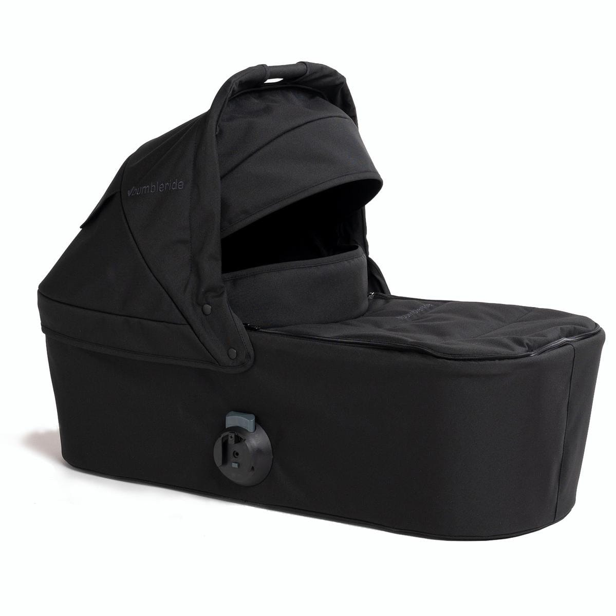 Black Bumbleride bassinet with canopy and side view, featuring a padded interior and secure attachment mechanism.